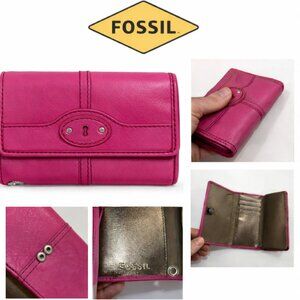 Fossil Trifold Leather Wallet Fuchsia Pink Snap Flap Card Organizer Clutch